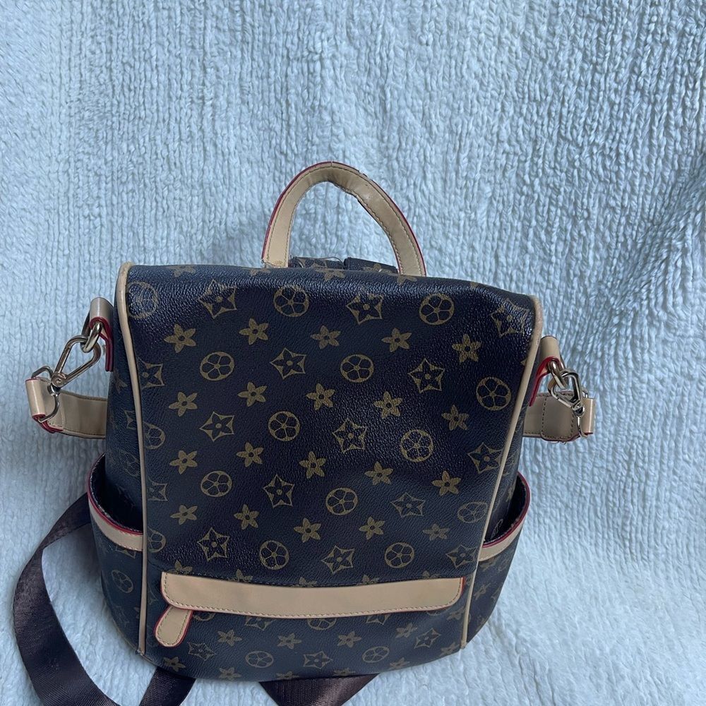 Stylish  Synthetic Brown & Gold Backpack / Shoulder bag tan trim Accents - Picture 5 of 15
